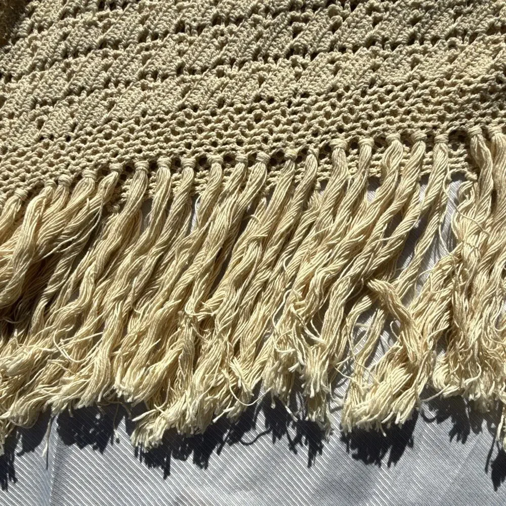 Women’s Beige Crochet Triangle Wrap Shawl with Fringe Accents, granny chic